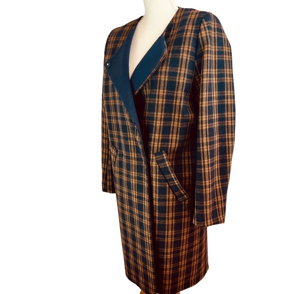 H&M Plaid Wool Long Coat Sz 10 Brown Overcoat Dark Academia Preppy Minimalist